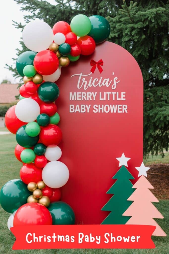 Christmas baby shower backdrop with red sign reading “Merry Little Baby Shower,” decorated with green, red, and white balloon garland and Christmas tree cutouts. Perfect for Christmas baby shower theme and holiday baby shower decorations.