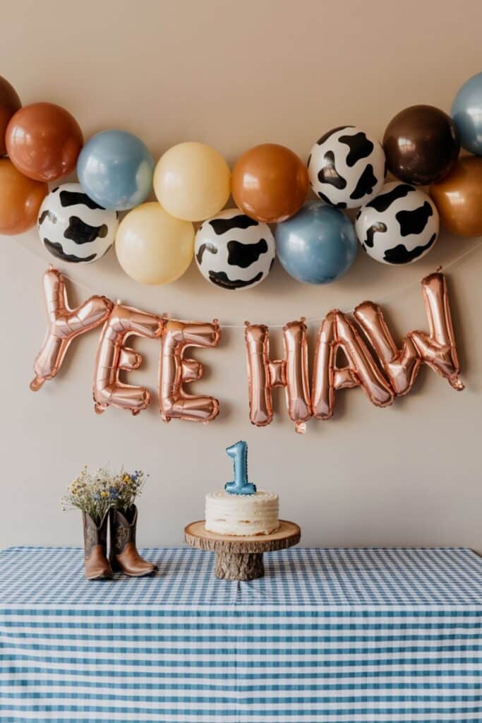 First rodeo birthday party decorations with cow print balloon garland, “Yee Haw” banner, western cake table, cowboy boots decor, and rustic smash cake for a cowboy first birthday party.
