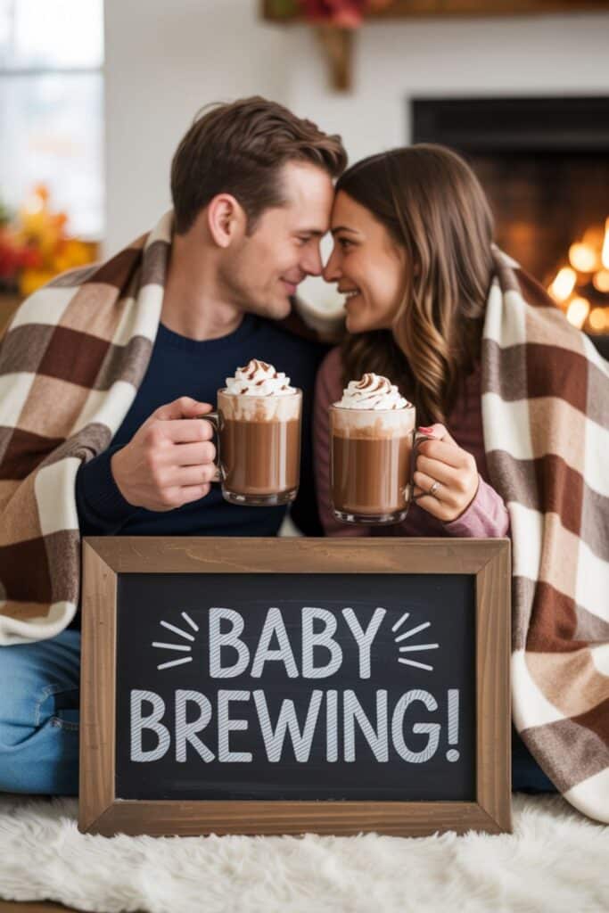 hot cocoa snuggles for a november pregnancy announcement