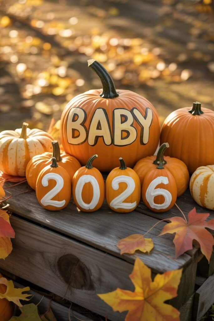 november pregnancy announcement with pumpkins painted with due date