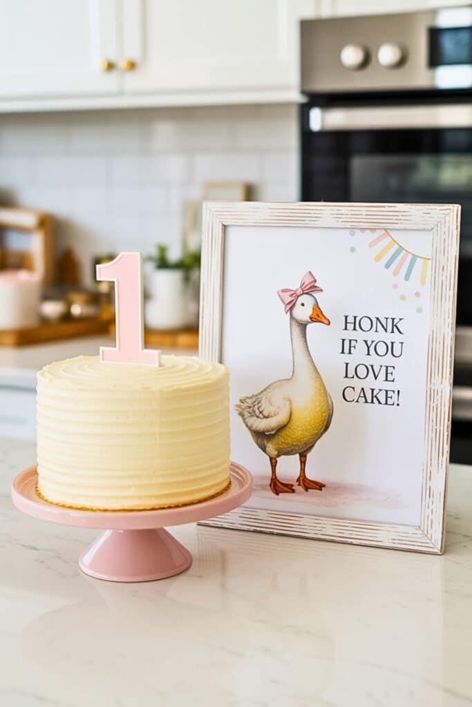One Silly Goose first birthday cake with soft pink frosting, pink number one topper, and framed goose sign on kitchen counter