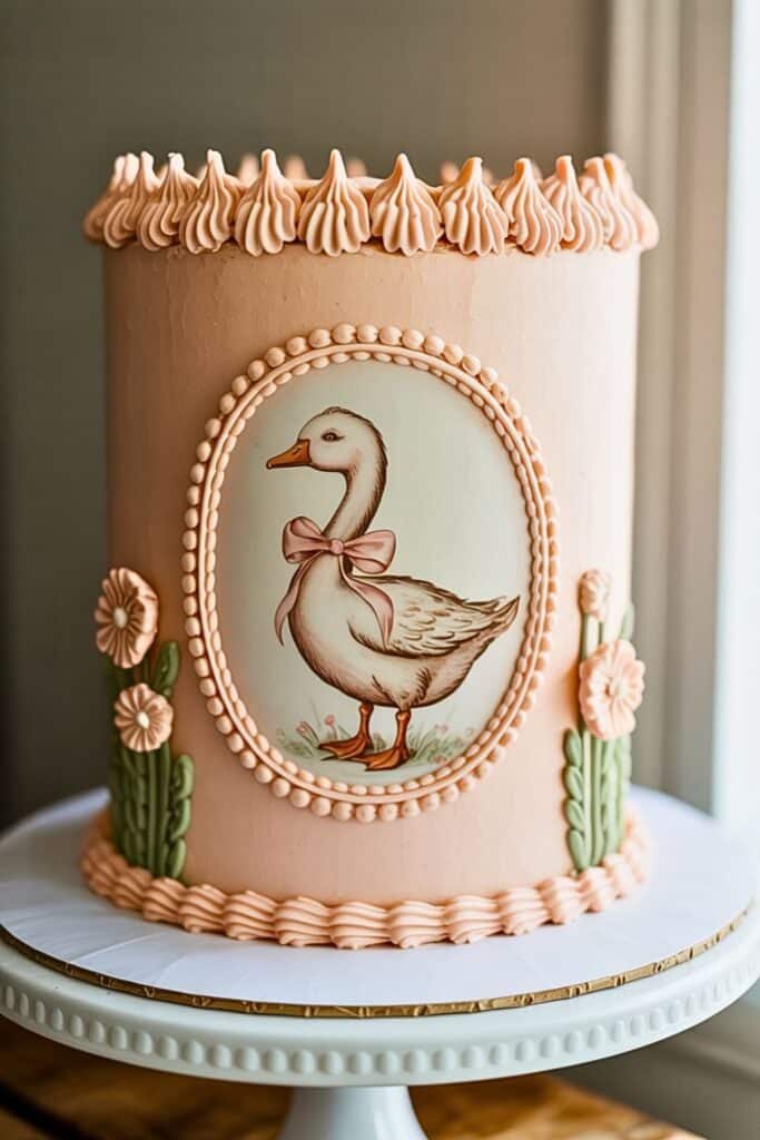 One Silly Goose birthday cake for girl with blush buttercream, framed goose illustration, pink bow, and piped floral details