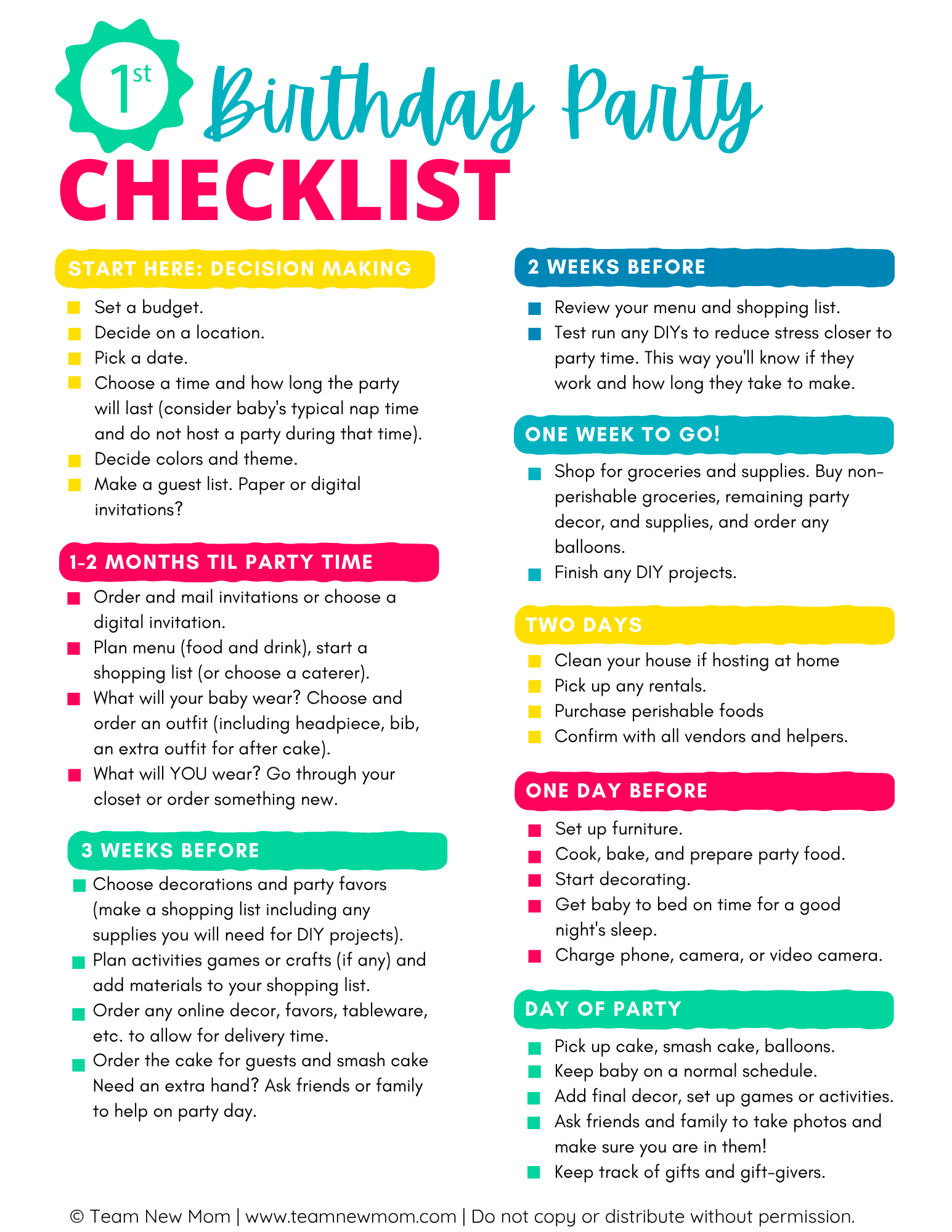 first birthday party planning checklist