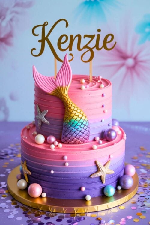 Two-tiered mermaid-themed birthday cake with pink and purple ombre frosting, decorated with a rainbow mermaid tail, edible pearls, starfish accents, and a custom gold name topper reading “Kenzie”—perfect for an under the sea or “Oneder the Sea” first birthday party for girls.
