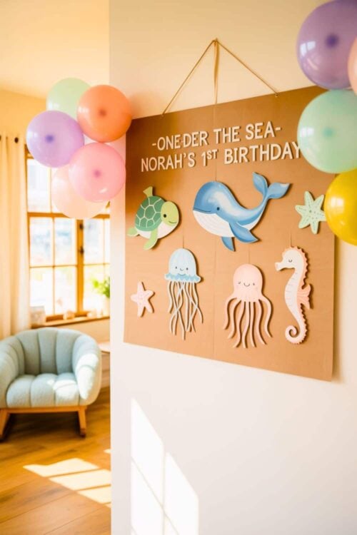 DIY “Oneder the Sea” first birthday party sign for a girl, featuring colorful ocean animals like a whale, turtle, jellyfish, octopus, seahorse, and starfish, with pastel balloons and custom lettering that reads “Norah’s 1st Birthday”—perfect for a whimsical under the sea birthday backdrop.