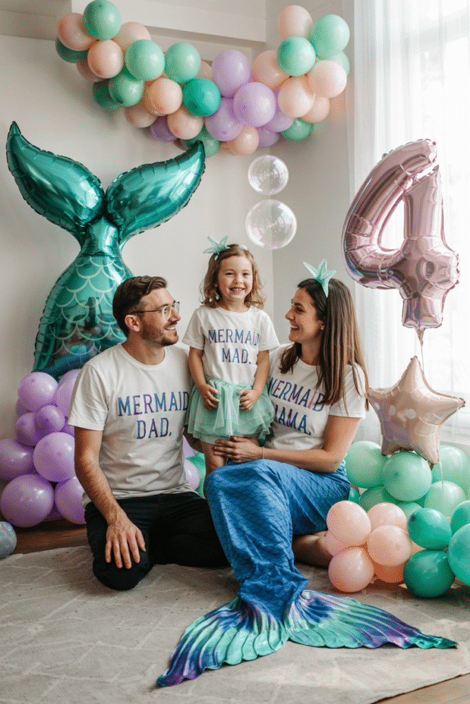 Family celebrating a mermaid birthday party with pastel balloons, a teal mermaid tail balloon, and a pink number 4 balloon; parents wearing Mermaid Dad and Mermaid Mama shirts, daughter dressed in a teal skirt and crown; perfect for a mermaid birthday party theme.