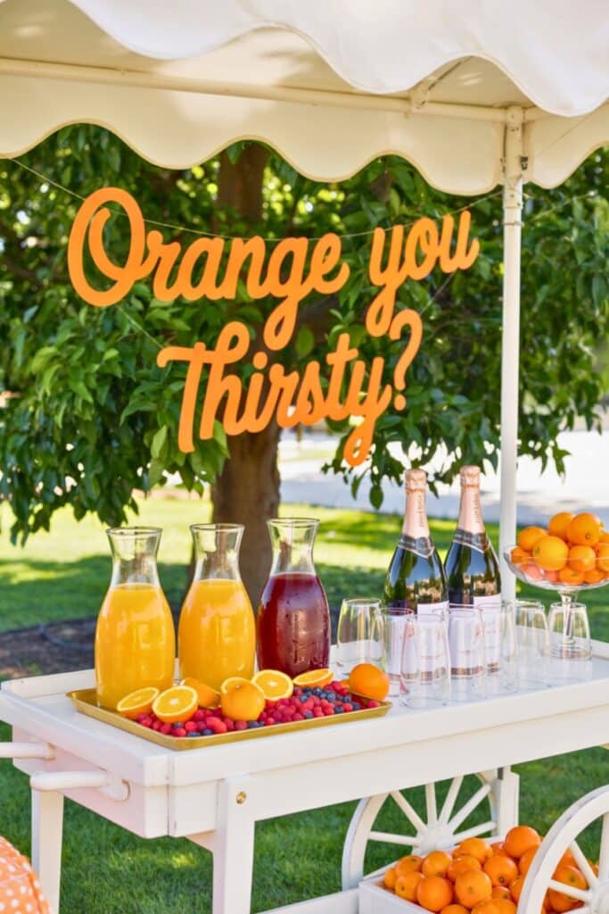 Outdoor baby shower drink station with a white cart, “Orange you thirsty?” sign, pitchers of juice, champagne bottles, and fresh oranges—perfect for a citrus-themed baby shower refreshment table.