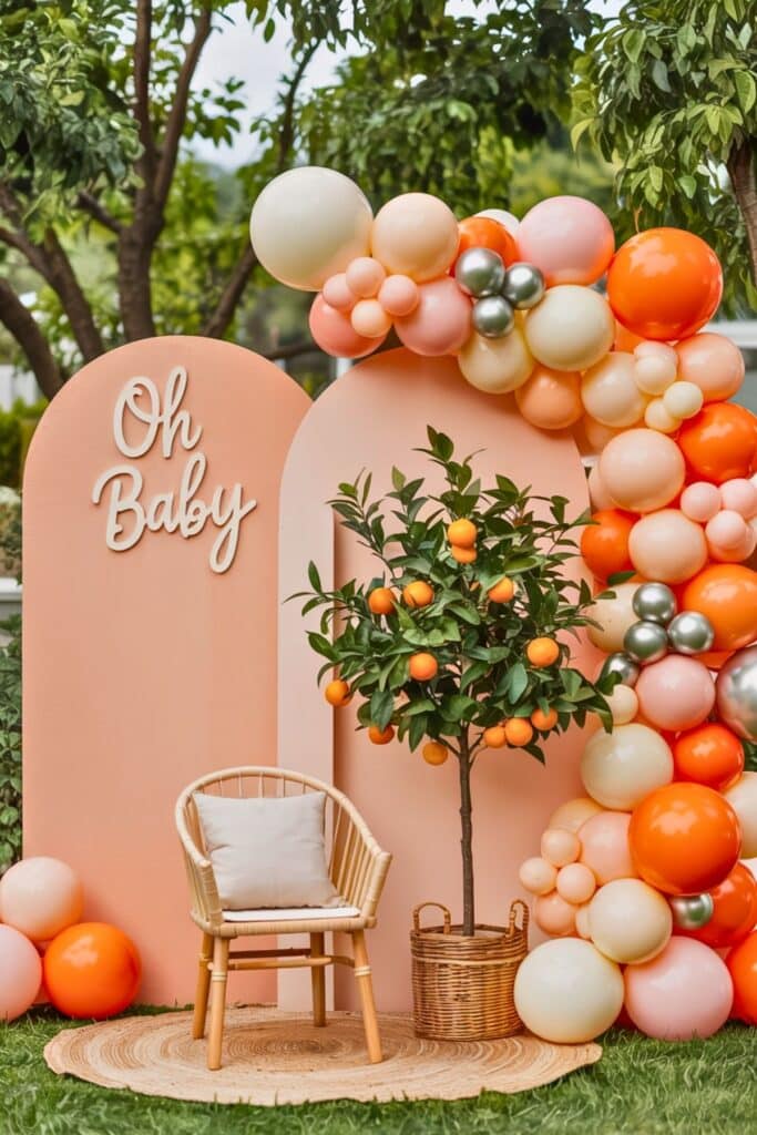 Outdoor baby shower photo backdrop with peach-toned arches, a balloon garland in orange and cream, a wicker chair, and a potted orange tree—styled perfectly for a cutie orange baby shower.