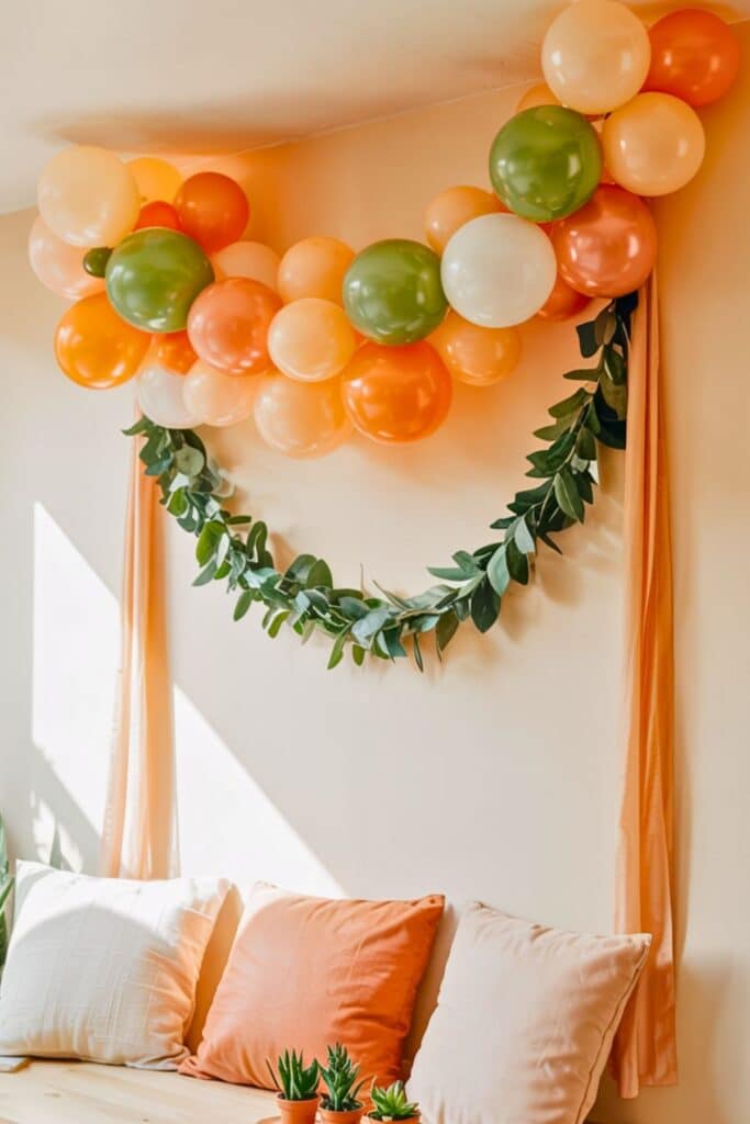 Balloon garland in orange, peach, cream, and green above a cozy baby shower seating area with soft pillows, a greenery garland, and natural sunlight—perfect for a laid-back cutie orange baby shower.