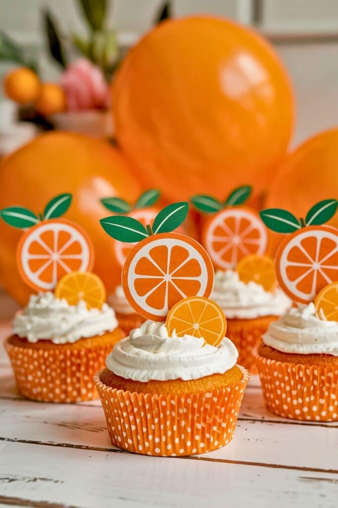 Orange-themed baby shower cupcakes with white frosting, topped with paper citrus slice toppers and surrounded by orange balloons—fun and festive treats for a cutie orange baby shower dessert table.