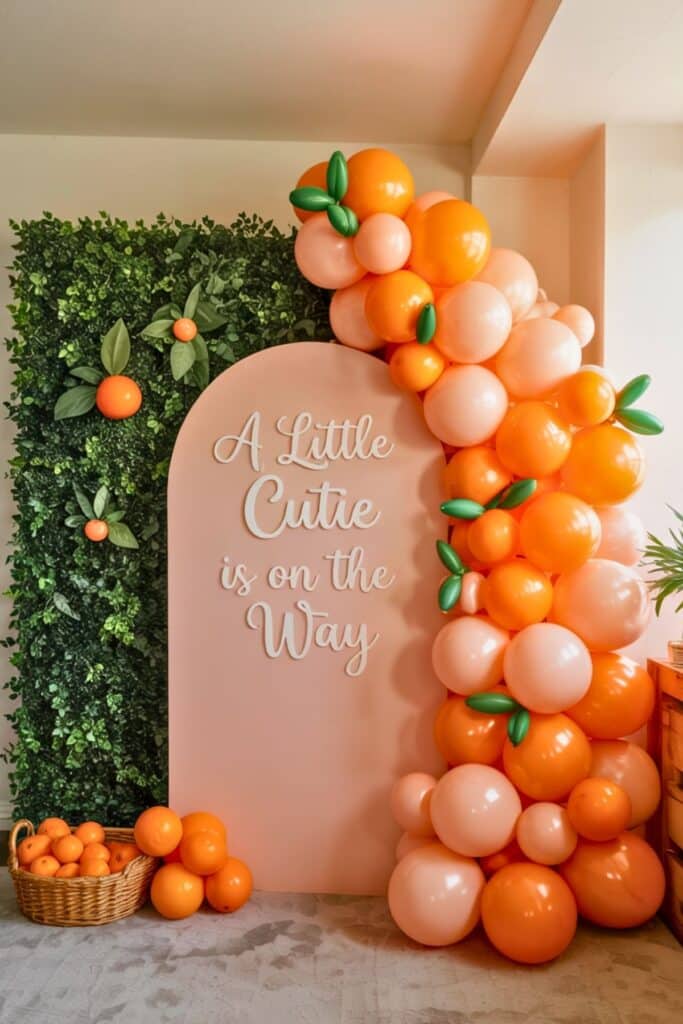 Cutie orange baby shower backdrop with a pink arch sign that reads “A Little Cutie is on the Way,” surrounded by orange and peach balloons, greenery, and a basket of fresh oranges—perfect for photo ops and welcoming guests.