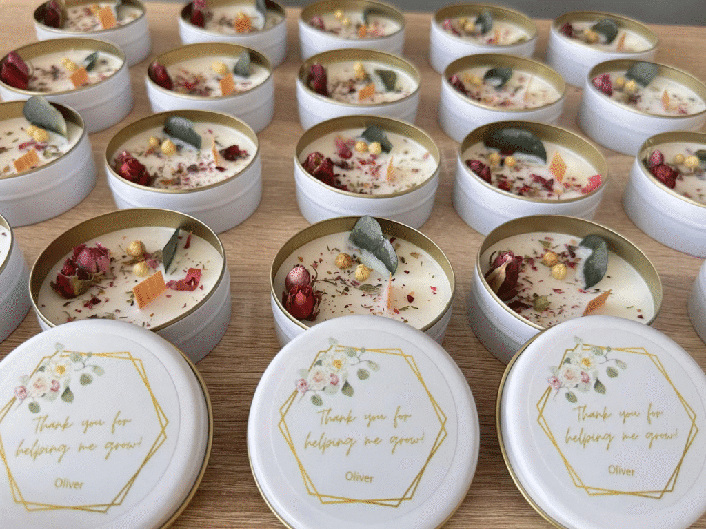 Personalized Tin Candle with Embedded Dried Flowers in Bulk - Scented Soy Wax Favors for Weddings, Bridal Showers, Baby Showers, Birthdays
