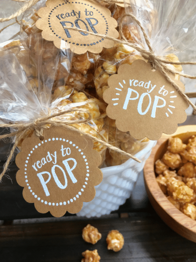 Set of 10 Handmade Ready to POP Gift Tags + Bags Kit-Hand Embossed-Baby Shower Favor Tag-Gender Reveal Party-Kraft-Twine-Popcorn Bag Favor