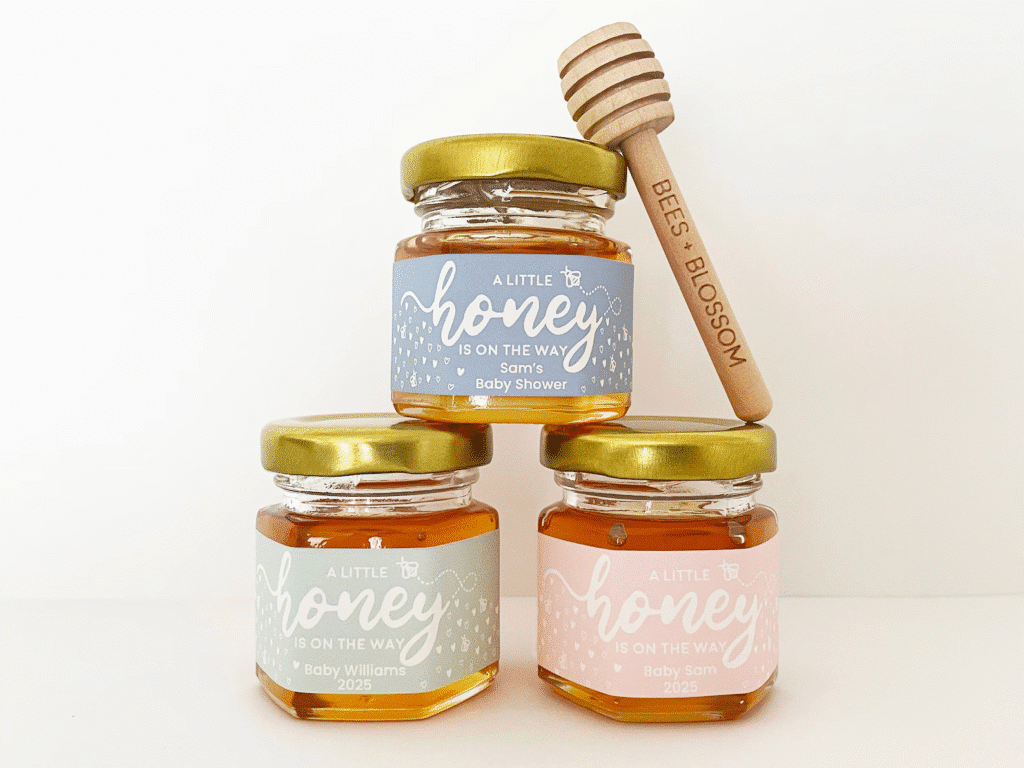 2oz Honey Jar Favors w/ Color Labels | Honey Baby Shower Favors, Honey Wedding Favors, Honey Bridal Shower Favors, Honey Jars, Party Favors
