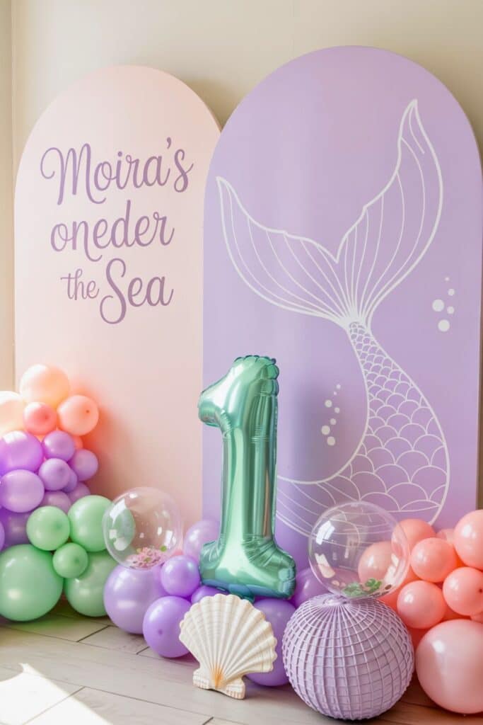 First birthday mermaid party backdrop with pastel balloon garland, pink and lavender signage reading “Moira’s One-der the Sea,” teal mermaid tail graphic, and green number one balloon.