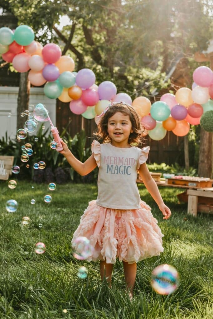 Little girl blowing bubbles at a mermaid birthday party outdoors, wearing a “Mermaid Magic” shirt and pink ruffle skirt with a colorful pastel balloon garland in the background.
