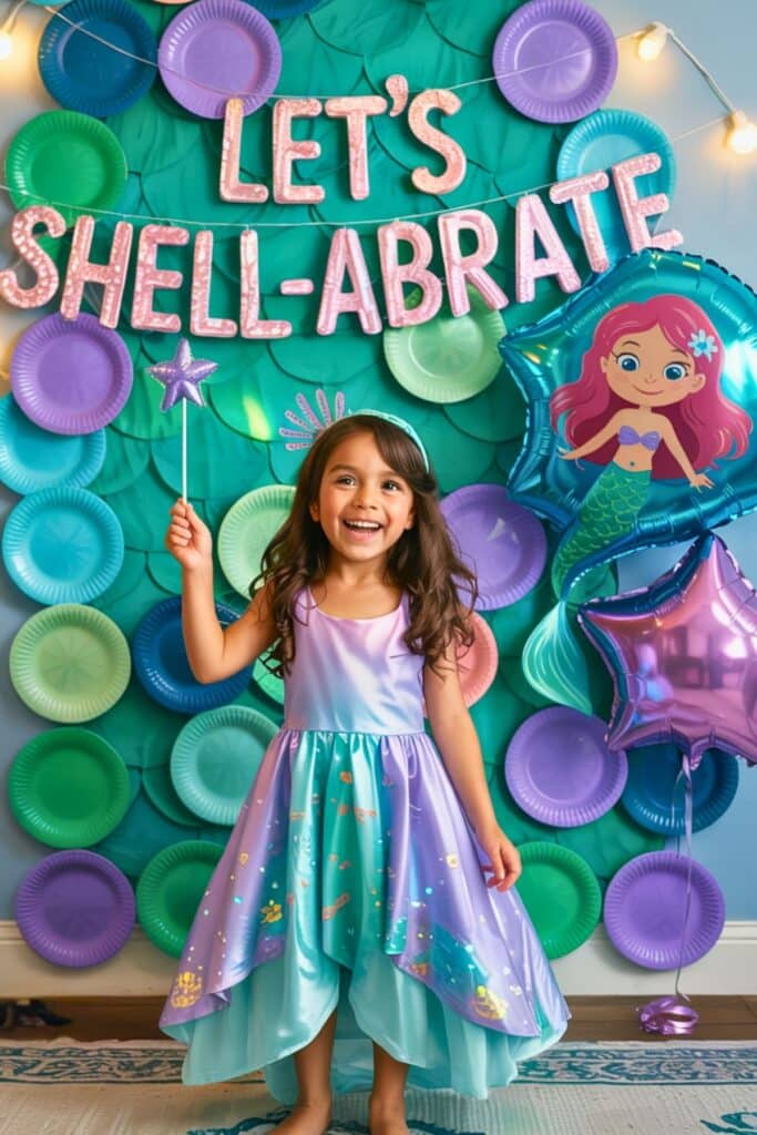 Little girl dressed in a pastel mermaid costume standing in front of a “Let’s Shell-abrate” mermaid birthday party backdrop made from colorful paper plates and balloons.