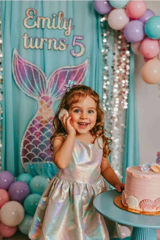 Little girl smiling at her mermaid-themed 5th birthday party with pastel balloons, a pink seashell cake, and a shimmering mermaid tail backdrop; perfect inspiration for a mermaid birthday party.