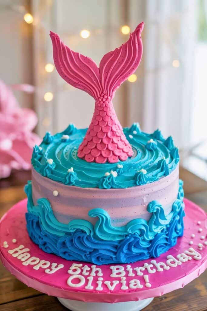Pink and blue mermaid birthday cake with wave frosting and a large pink mermaid tail topper, featuring “Happy 5th Birthday Olivia” written on the base; perfect for a themed mermaid party cake.