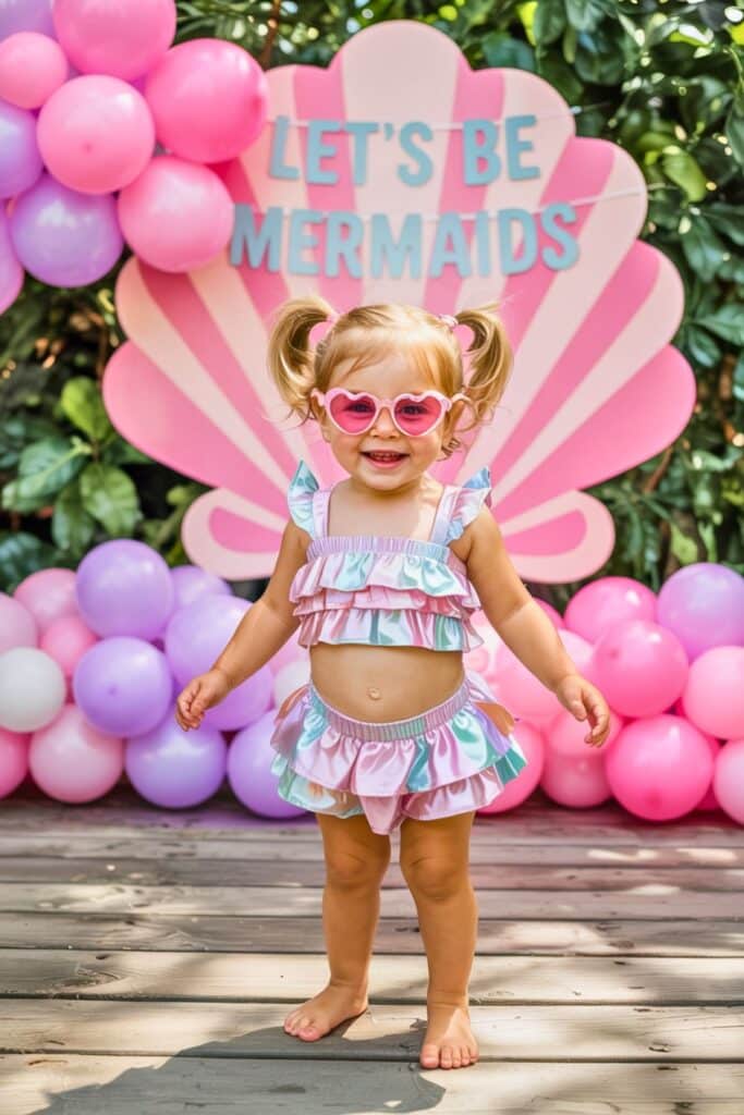 Toddler dressed in a pastel ruffled mermaid outfit with heart sunglasses at a mermaid birthday party, standing in front of a pink shell backdrop and pastel balloon decorations.