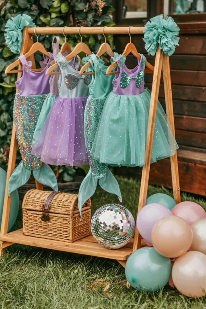 Mermaid-themed dress-up station with pastel mermaid tail dresses on wooden rack, wicker treasure chest, disco ball, and pastel balloon decorations; perfect for a mermaid birthday party activity.