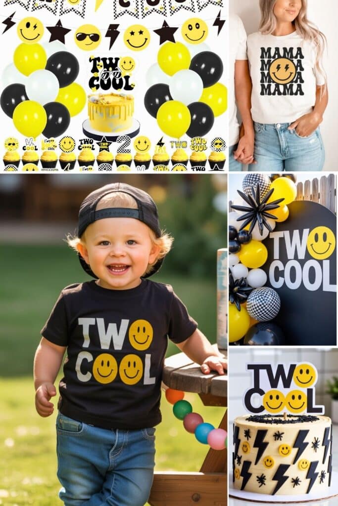 2nd birthday boy theme - two cute smiley face yellow and black party