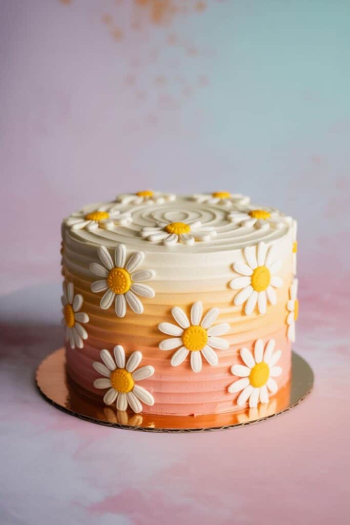 Retro daisy cake with peach-to-pink ombré buttercream and white-and-yellow fondant daisies—groovy 3rd birthday dessert for girls.