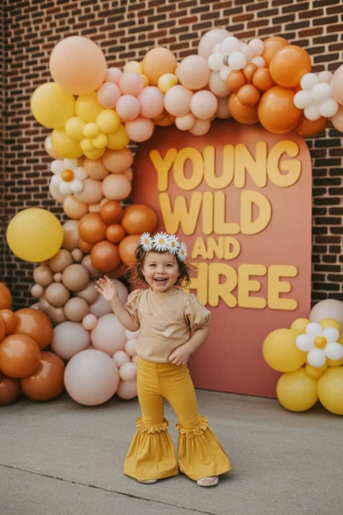 Groovy “Young, Wild and Three” backdrop with retro daisy balloon garland; smiling toddler in mustard bell-bottoms and daisy headband—boho 3rd birthday party idea for girls.