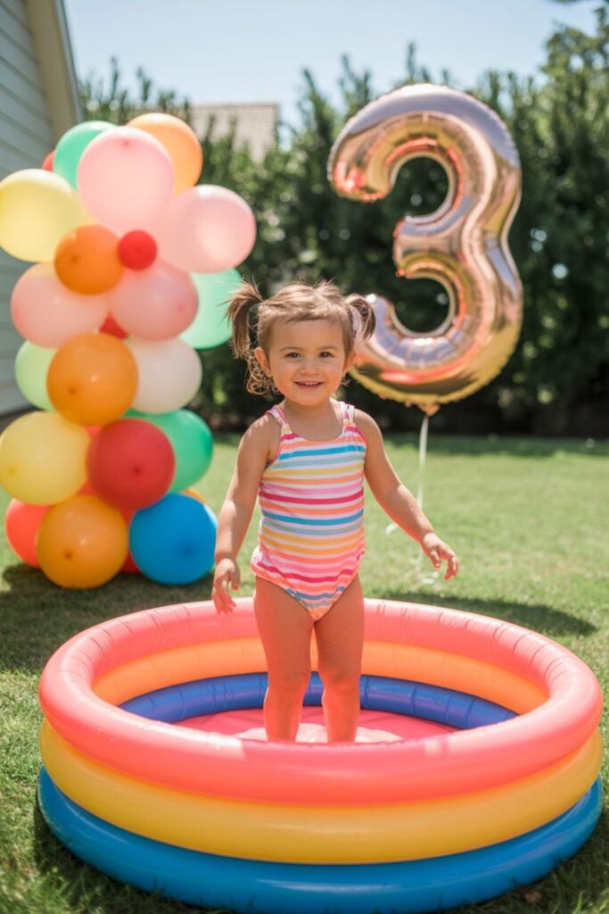 Toddler girl in a rainbow striped swimsuit standing in an inflatable kiddie pool, with a colorful balloon garland and rose-gold number 3 balloon—backyard “splash into three” birthday.