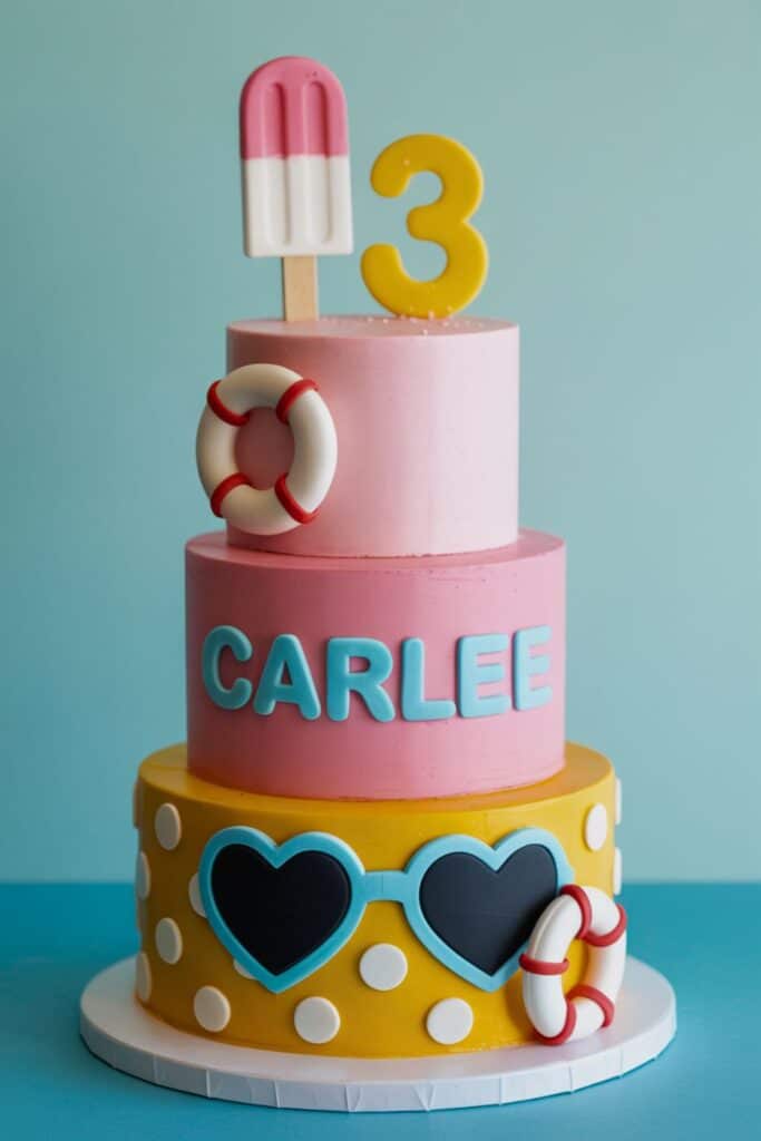 Pool party “Splash into Three” cake with pink and yellow tiers, heart sunglasses, white polka dots, life preserver accents, a popsicle topper, and a yellow number 3—summer 3rd birthday dessert.