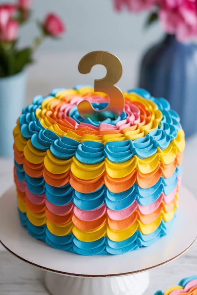 Rainbow scalloped buttercream cake with a gold number 3 topper—bright, colorful 3rd birthday dessert.