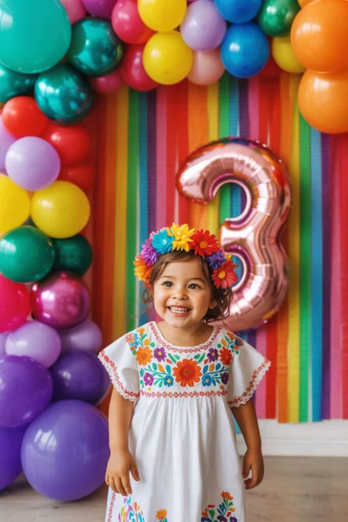 Fiesta “Three-esta” 3rd birthday setup with a smiling toddler in a white embroidered dress and rainbow flower crown, rose-gold number 3 balloon, rainbow streamer backdrop, and colorful balloon garland—bright, fun third birthday party idea for girls.