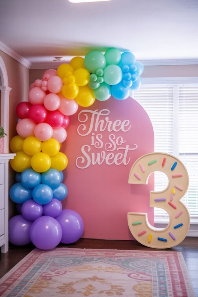 “Three is So Sweet” 3rd birthday backdrop with a pastel pink arch, rainbow balloon garland, and giant marquee number 3 with sprinkle details; colorful indoor décor for a girl’s third birthday party theme.