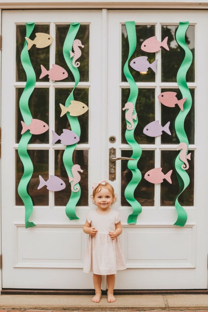 Toddler girl in a pink dress stands barefoot by double doors decorated with green “seaweed” streamers and pastel glitter fish and seahorses—simple DIY under-the-sea birthday backdrop.