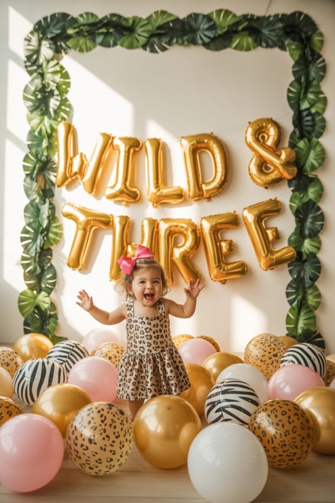 Wild & Three jungle birthday setup with a toddler girl in a leopard-print dress and pink bow, surrounded by gold, leopard, zebra, and blush balloons; tropical leaf backdrop and gold letter balloons for a safari 3rd birthday party.