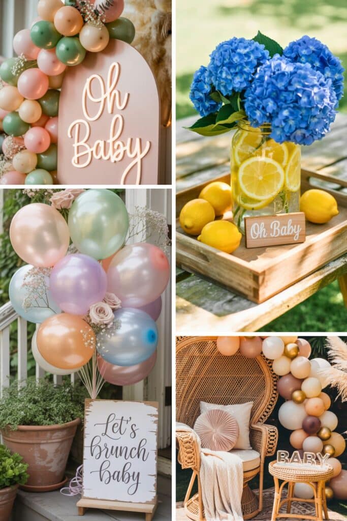 Baby shower brunch color scheme ideas including pastel balloon arches, blue hydrangeas in lemon-filled vases, iridescent balloon bouquets, a neutral boho lounge setup with earthy tones, and cozy signs like 'Oh Baby' and 'Let’s Brunch Baby'—perfect inspiration for baby shower decor and styling.