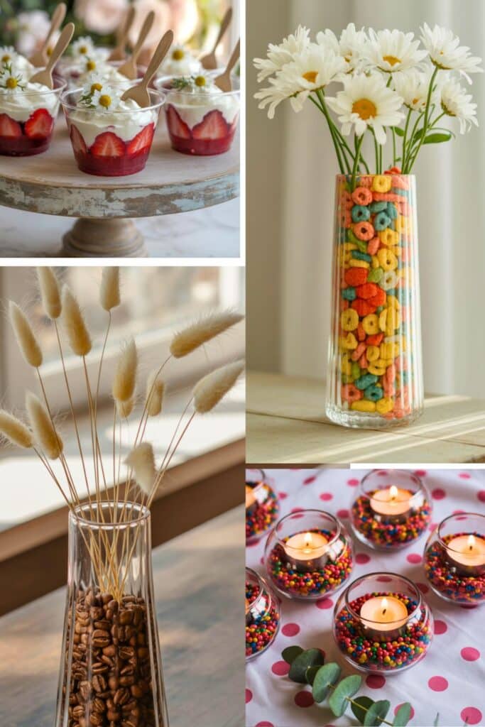 Creative baby shower brunch centerpiece ideas including strawberry and cream dessert cups with chamomile flowers, a vase of daisies with colorful cereal, pampas grass in a coffee bean-filled vase, and tealight candles surrounded by rainbow sprinkles—playful and modern table decor for a brunch baby shower.