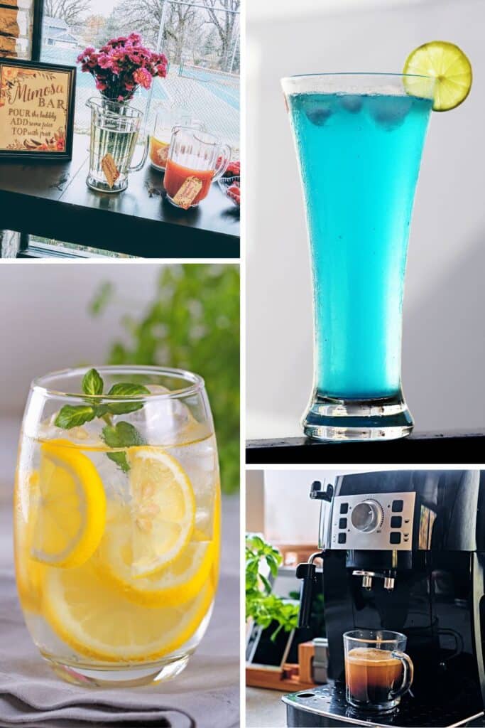 Baby shower brunch drink ideas including a mimosa bar setup with juices and fruit, a tall blue mocktail with lime, lemon-infused sparkling water with mint, and a fresh espresso station—perfect beverage inspiration for a baby shower brunch.