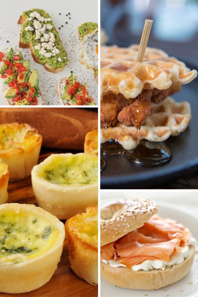Collage of savory baby shower brunch food ideas including avocado toast with feta, chicken and waffles drizzled with syrup, mini spinach quiches, and a classic bagel with cream cheese and smoked salmon — perfect for a baby shower brunch menu.