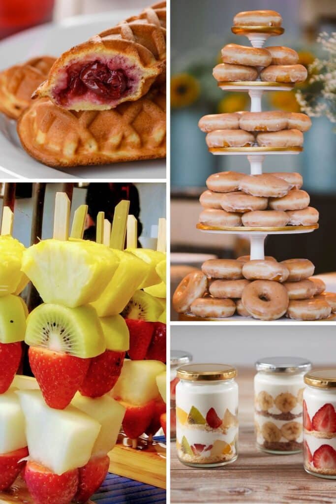 Sweet baby shower brunch food ideas including cherry-stuffed waffles, a glazed donut tower, colorful fruit skewers with pineapple, kiwi, and strawberries, and layered yogurt parfaits in jars—perfect for a baby shower brunch dessert table.
