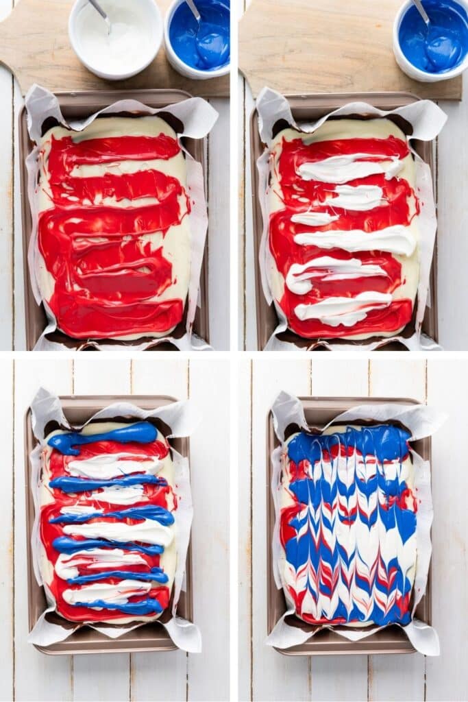 Four-step collage showing how to decorate patriotic chocolate bark. Red, white, and blue melted candy is layered and swirled on top of a white chocolate base to create a festive marbled effect. Perfect no-bake 4th of July dessert idea.