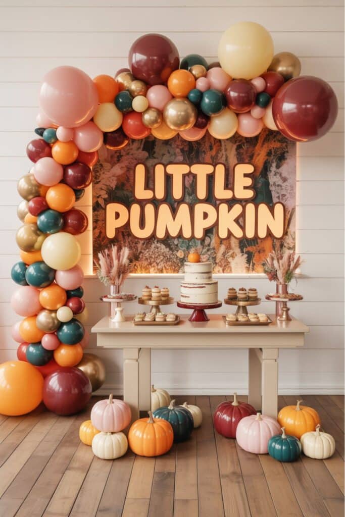 Little Pumpkin baby shower dessert table with a fall balloon arch in burgundy, gold, orange, and blush tones. Features a naked cake, cupcakes, and pastel pumpkins with a ‘Little Pumpkin’ sign backdrop—perfect for a cozy fall baby shower.