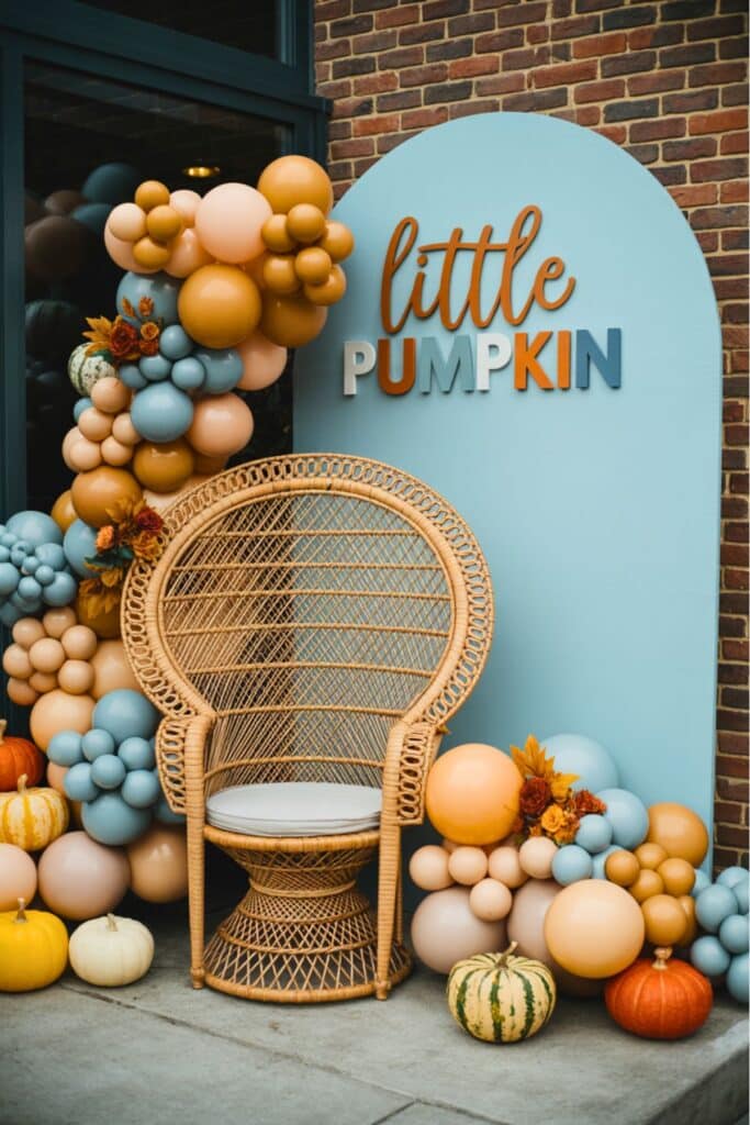 Boho-style Little Pumpkin baby shower photo area with a wicker chair, pastel balloon garland in mustard and blue tones, and a blue arch backdrop with ‘Little Pumpkin’ lettering. Surrounded by fall pumpkins and florals for a modern autumn baby shower setup.