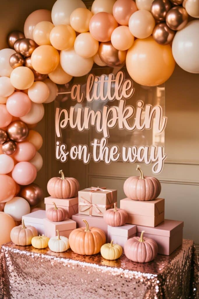 Pink and peach Little Pumpkin baby shower setup with metallic and pastel balloon arch, sequin tablecloth, pink gift boxes, and painted pumpkins. Backdrop sign reads ‘A Little Pumpkin Is on the Way’—a perfect fall baby shower idea for a girl.