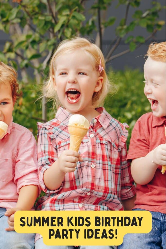 Toddler girl laughing with an ice cream cone, sitting with friends during a summer birthday party. Adorable ice cream party idea for toddlers.