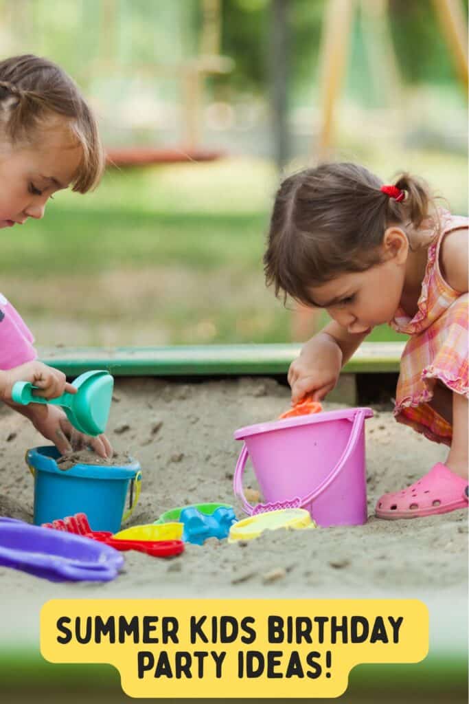 Two young girls digging in a sandbox with bright buckets and toy shovels at a summer birthday party. Perfect hands-on activity for toddlers at an outdoor party.  