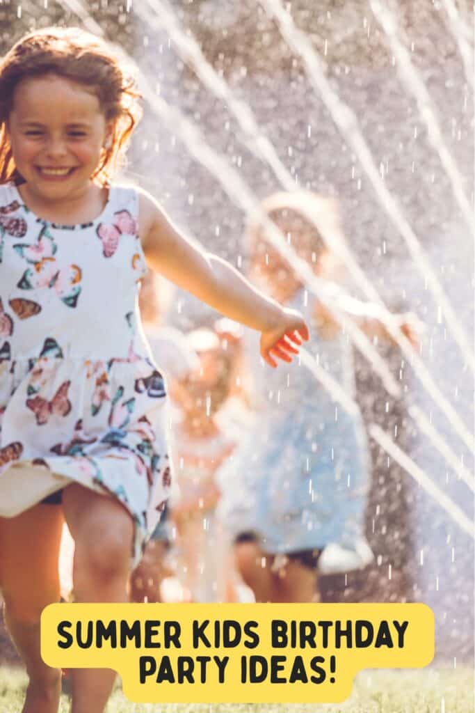 Kids running and laughing through a sprinkler during a backyard summer birthday party. Fun and active water play idea for hot summer days.