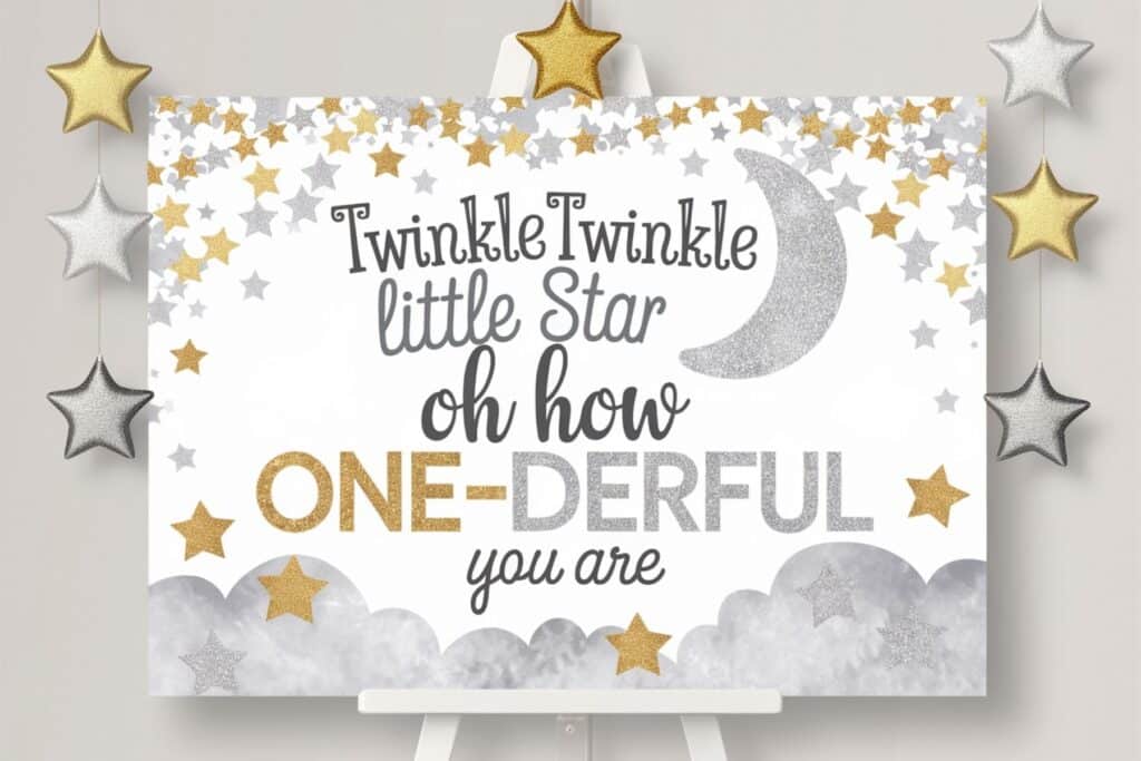 Twinkle Twinkle Little Star birthday welcome sign with gold and silver stars and the phrase “oh how ONE-derful you are,” ideal for a sparkly first birthday celebration.