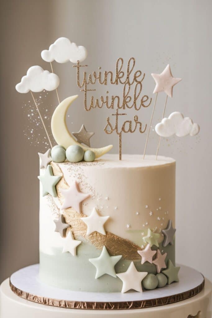 Twinkle Twinkle Little Star birthday cake decorated with pastel fondant stars, clouds, and a crescent moon, topped with a glittery "twinkle twinkle star" topper for a magical first birthday celebration.
