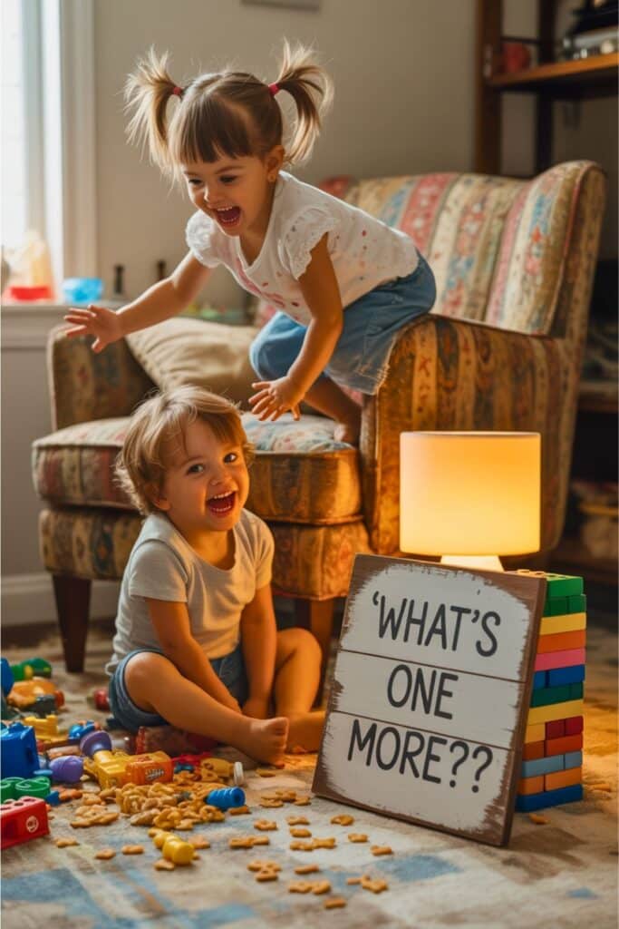 Funny unexpected pregnancy announcement with two playful toddlers in a messy living room next to a sign that reads ‘What’s one more??’ surrounded by toys and snacks.